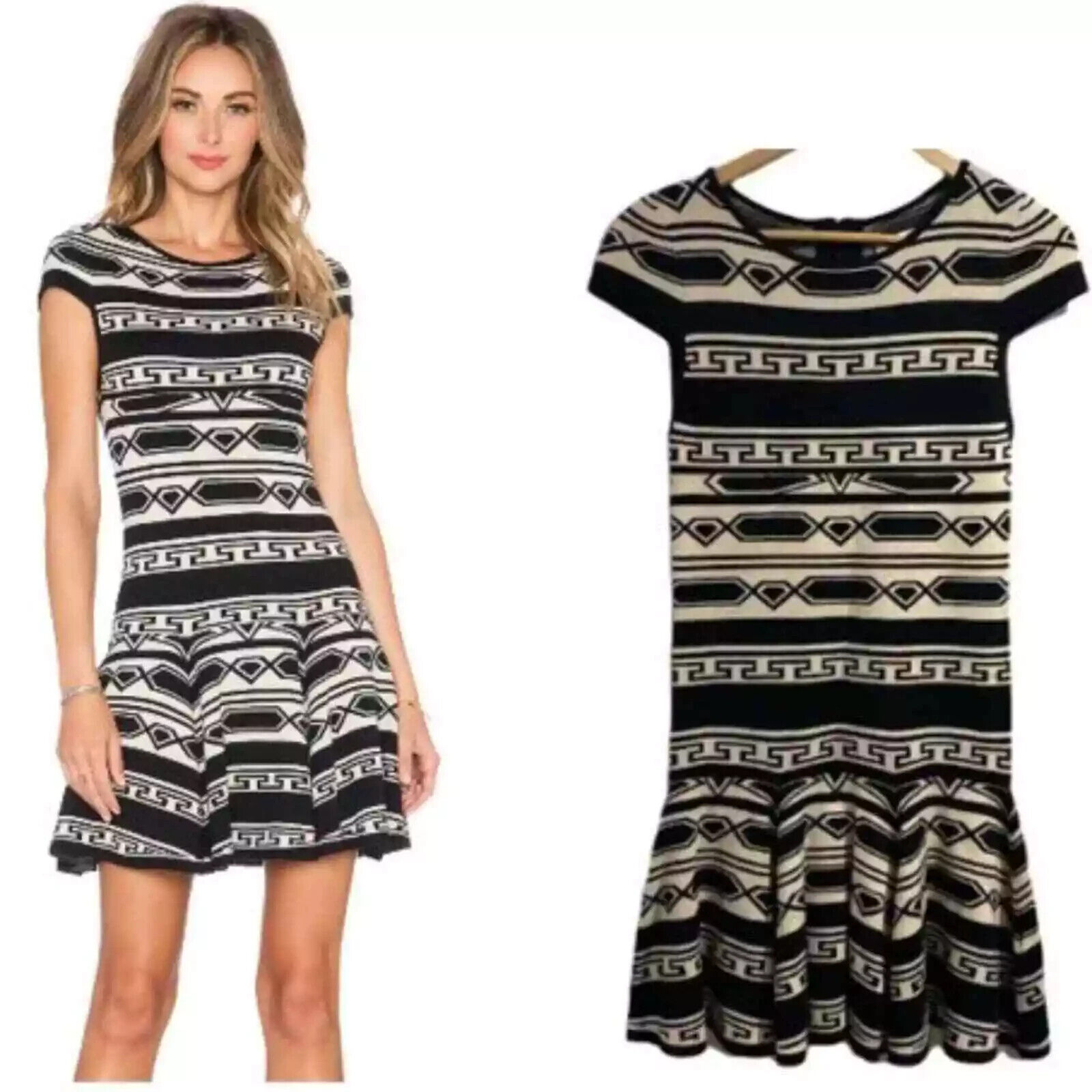 Alice + Olivia Black & Cream Aztec Darby Drop Waist Knit Sweater Dress Size S